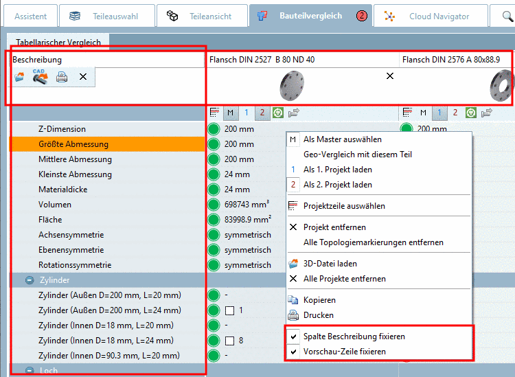 Tabellarischer Vergleich - Kontexmenübefehle