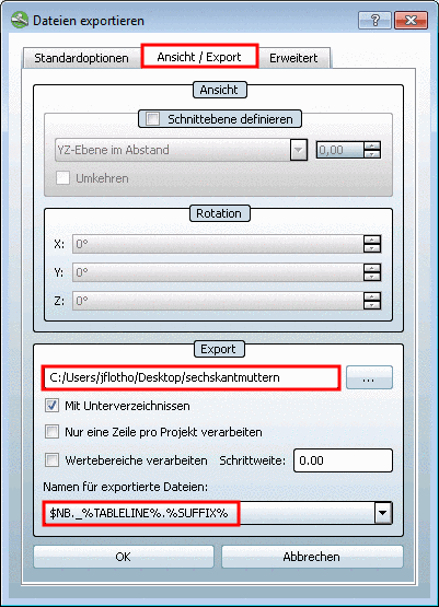 Registerseite Ansicht / Export