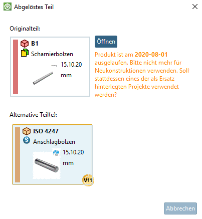 Beispiel: Projekt abgelaufen mit Ersatzteil