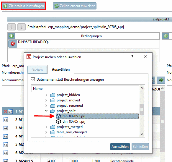 Zielprojekt auswählen