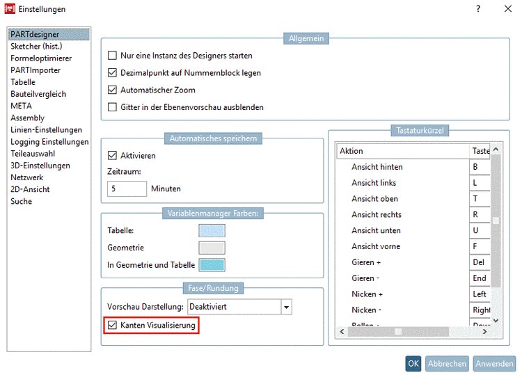 "Kanten Visualisierung" aktivieren/deaktivieren