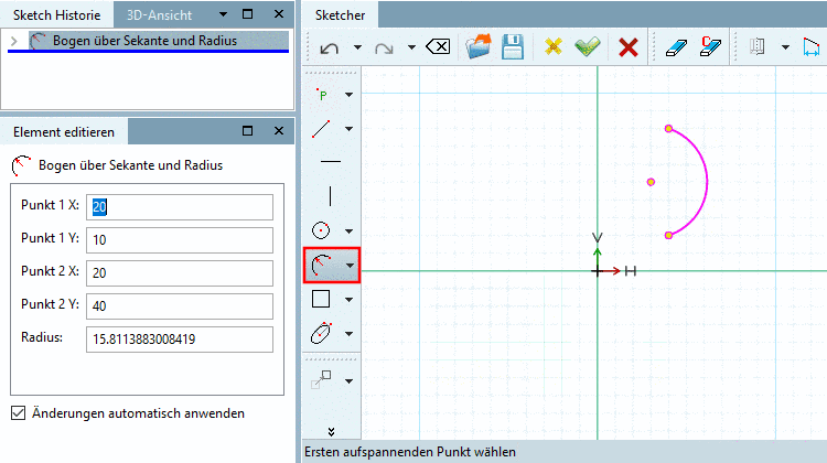 Bogen über Sekante und Radius: Parameter anpassen