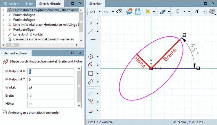 Ellipse: Definition der Ellipsenorientierung über Winkelangabe