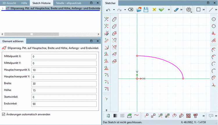 Ellipsensegment: korrekte Werte im Sketch
