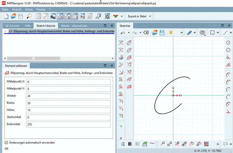 Ellipsensegment: Definition der Ellipsenorientierung über Winkelangabe