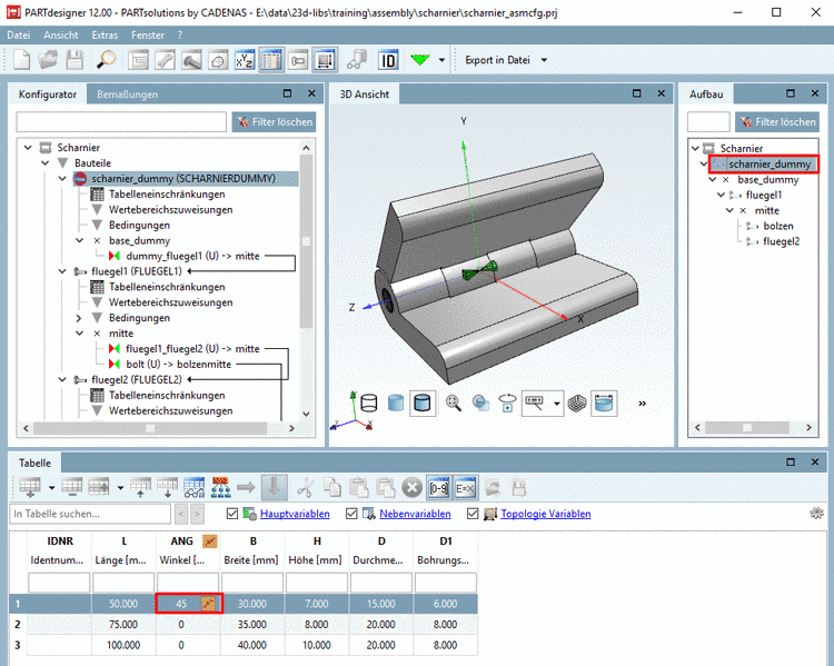 Scharnier geöffnet im 45° Winkel