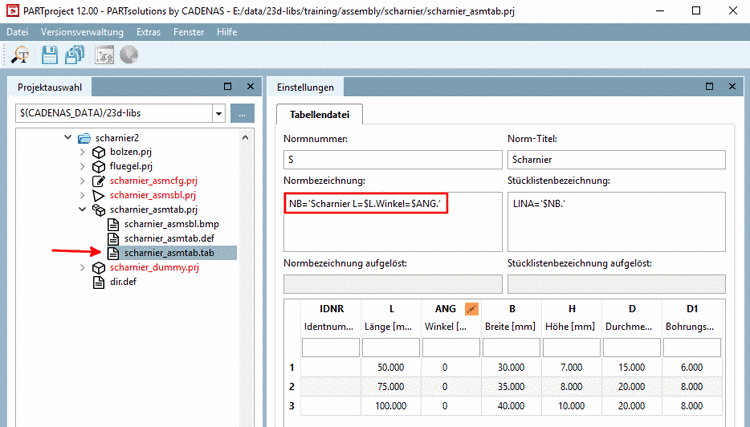 Normbezeichnung vergeben (hier 'Scharnier L=$L.Winkel=$ANG.')