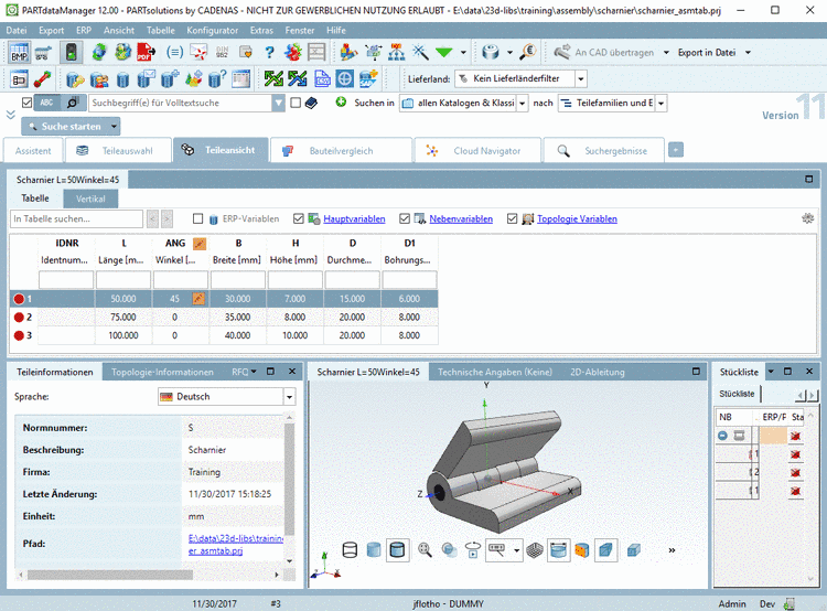 Scharnier in PARTdataManager Teileansicht
