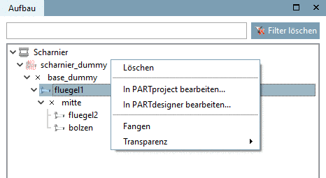 Hier beispielhaft Aufruf des Kontextmenüs auf "fluegel1".