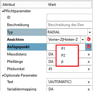 Auswahl des Anfügepunkt im Kontextmenü