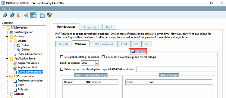 Kategorie Rechteverwaltung [Rights administration] -> Registerseite "Benutzerdatenbanken [User databases]" -> Registerseite "Windows"