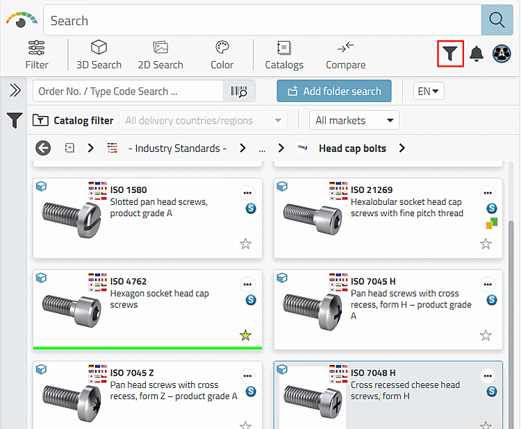 3Dfindit: Produkte mit grün gekennzeichneten und weißen Verzeichnissen und Produkten