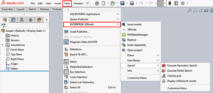"ENTERPRISE-3Dfindit" Menü unter "Tools" Menü