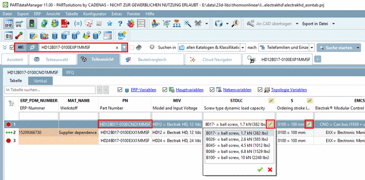 Beispielprojekt mit vielen Wertebereichsvariablen, welche die Teilenummer interaktiv aufbauen