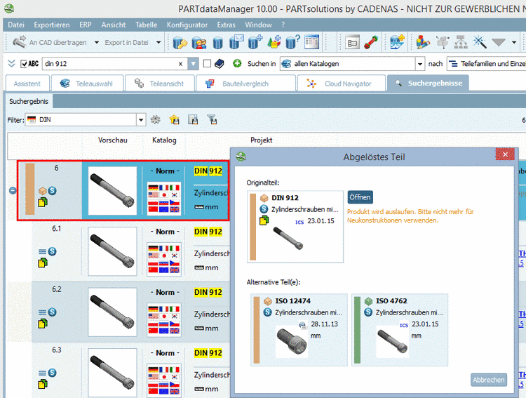 Dialogfenster "Abgelöstes Teil"