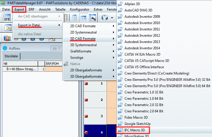Export Menü -> Export in Datei -> 3D CAD Formate -> IFC Macro 3D