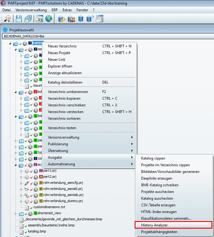 PARTproject -> Projektauswahl -> Kontextmenü -> Ausgabe -> History Analyzer