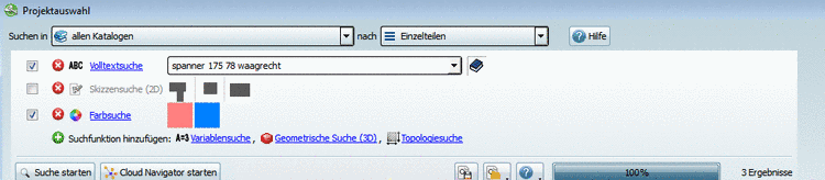 Beispiel: Volltextsuche und Farbsuche sind der Liste der Suchfunktionen hinzugefügt und aktiviert, werden also beim nächsten Suchlauf verwendet. Die Skizzensuche (2D) ist zwar hinzugefügt, aber deaktiviert. Die übrigen Methoden sind nicht hinzugefügt.