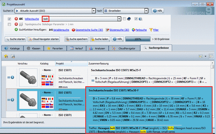 Bei einer Suche nach "bolt" in deutscher Benutzeroberfläche sehen Sie in der erweiterten Darstellung, dass der Treffer über NB, Pfad und Beschreibung erfolgte.