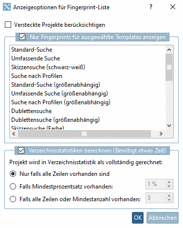 Anzeigeoptionen für Fingerprint-Liste