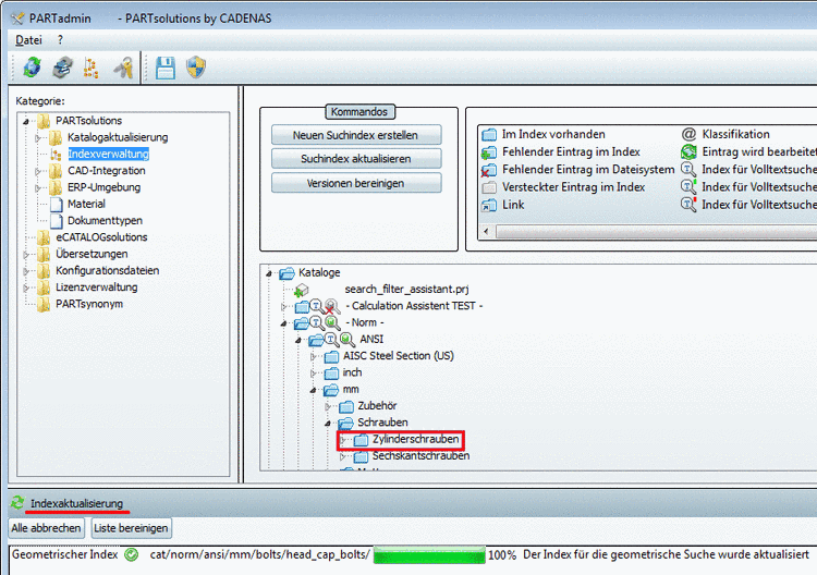 Im vorliegenden Beispiel wurden die Fingerprints für ein Projekt im Verzeichnis "Zylinderschrauben" neu erstellt.