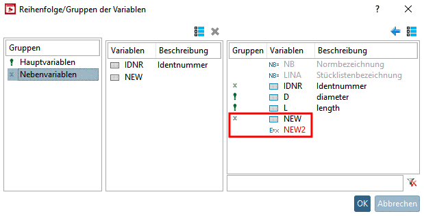PARTproject -> Dialogfenster "Reihenfolge/Gruppen der Variablen"