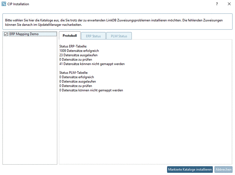 Dialogfenster "CIP Installation" -> Registerseite "Protokoll"