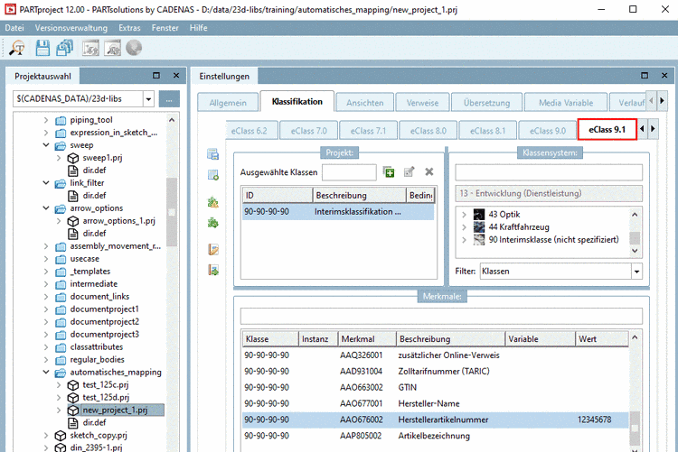 Dasselbe Projekt zeigt in eClass 9.1 ein Mapping aus "Gemappte Elemente"