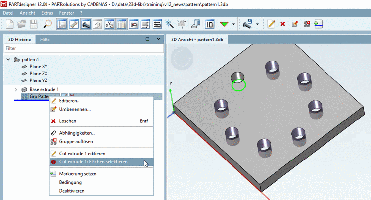 Cut extrude xy: Flächen selektieren