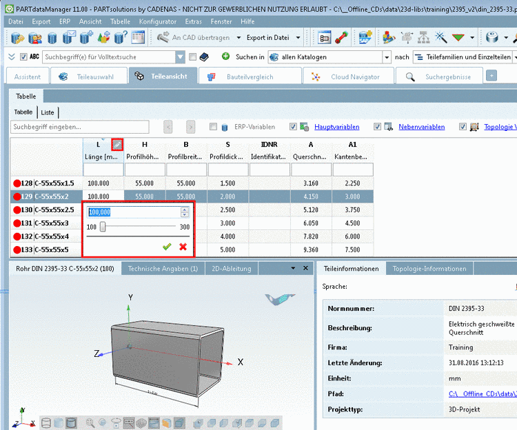 Wertebereichsauswahl in PARTdataManager