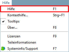 PARTsolutions-Anwendung -> Hilfe Menü