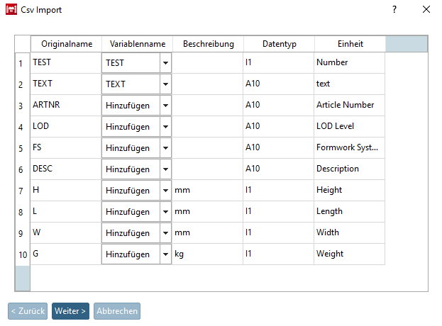 Vorschau (falsche Spaltenzuordnung von "Beschreibung" und "Einheit")