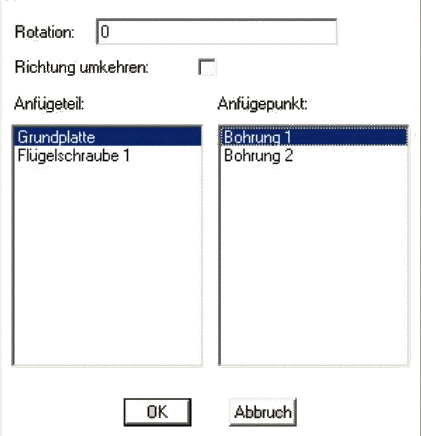 Dialog "Anfügepunkt auswählen" (hier beispielhaft "Grundplatte" und "Bohrung 1" ausgewählt)
