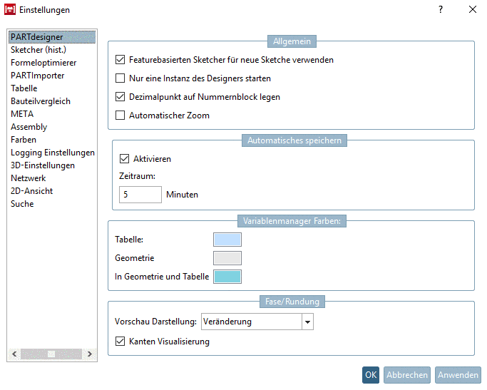 PARTdesigner Menüpunkt