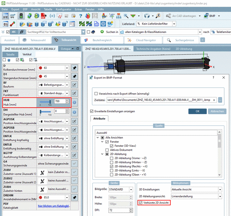Beispiel: Export im BMP-Format - Option "Verkürzte 2D Ansicht"