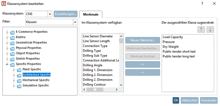 Klassensystem: CNS -> Filter: Klassen -> Specific Properties -> Architecture Specific -> Public tender short text und Public tender long text