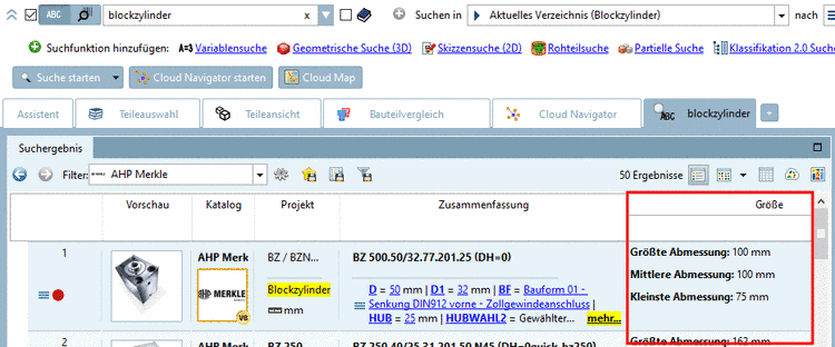 Hier wurden beispielhaft unter Topologiewerte -> Größe die Optionen Längste Ausdehnung, Mittlere Ausdehnung und Kürzeste Ausdehnung aktiviert.
