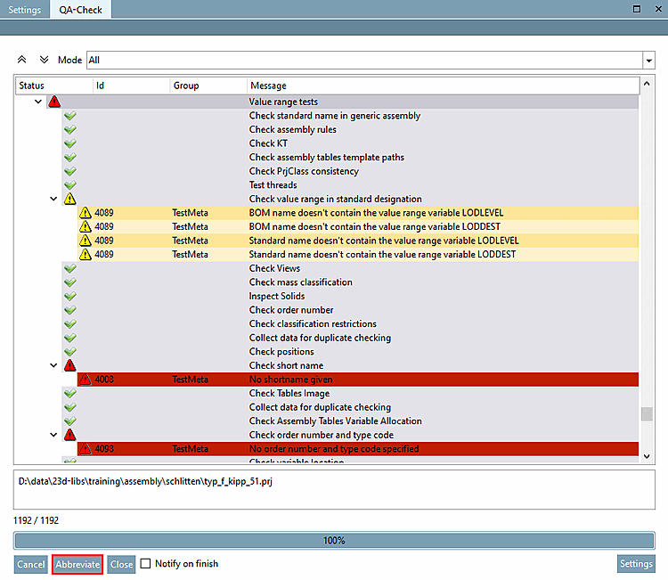Dockingfenster "QA-Check"