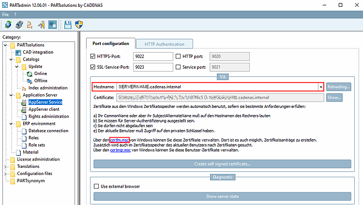 PARTadmin > Kategorie "AppServer-Dienst" > Registerseite "Port Konfiguration"