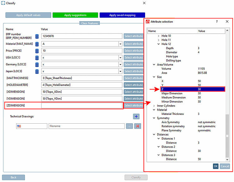 Die Abbildung zeigt beispielhaft die Zuweisung des Attributs "Z" in der Kategorie "Größe [Size]".