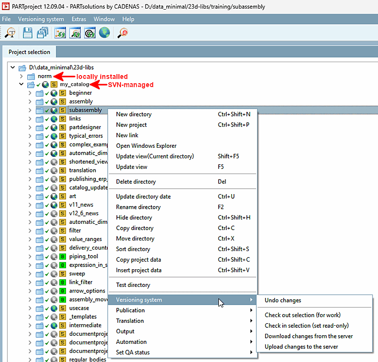Kontextmenübefehl "Versionsverwaltung [Versioning system]"