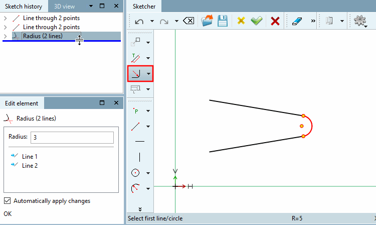 Verrundung an 2 Elemente [Radius with 2 elements] - Radius: 3