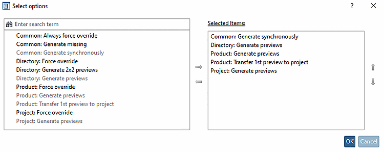 "Select options" dialog