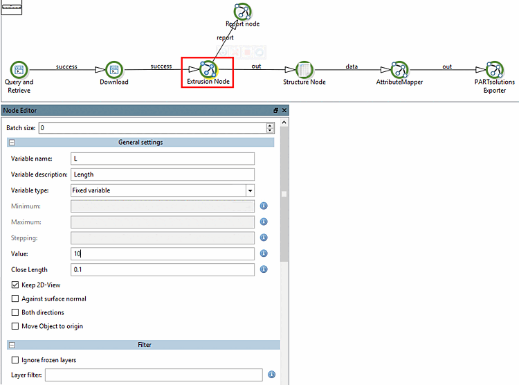 Pipeline mit Extrusion Node und Report node