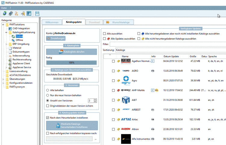 Aktivieren Sie bei den gewünschten Katalogen das Kontrollkästchen und klicken Sie auf die Schaltfläche "Markierte Kataloge herunterladen/installieren".