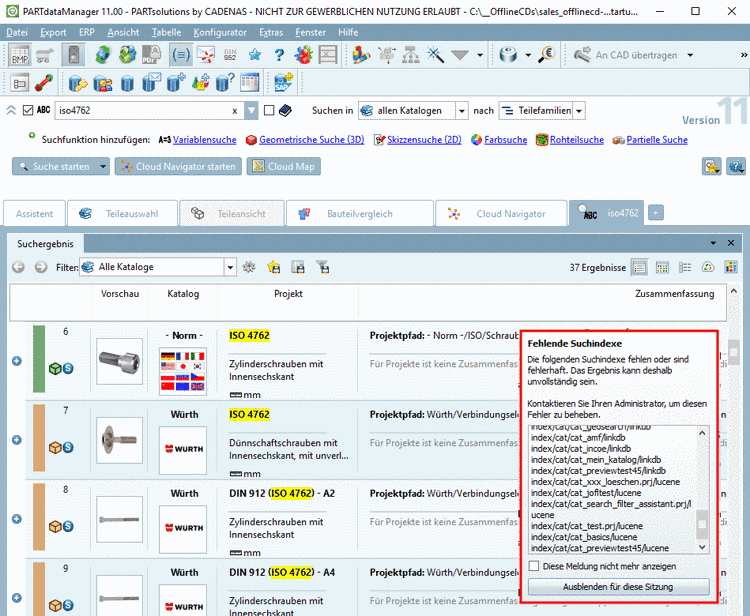 Meldung "Fehlende Suchindexe" in PARTdataManager