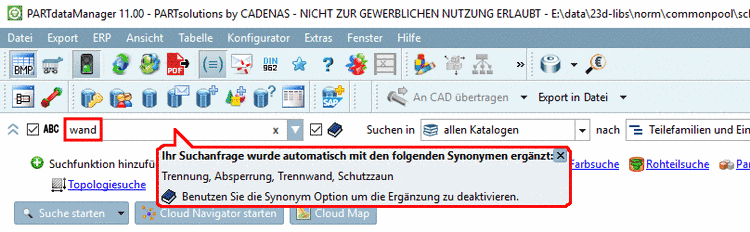 Synonymsuche in PARTdataManager aktiviert