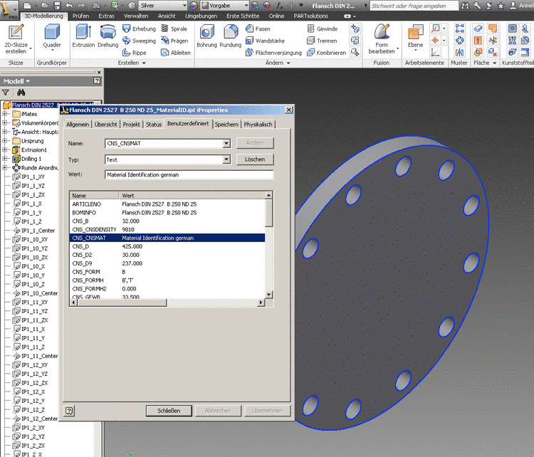 Inventor iProperties -> Registerseite "Benutzerdefiniert" -> CNS_CNSMAT