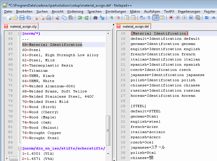 Links: $CADENAS_SETUP/material_assign.cfg - Rechts: $CADENAS_SETUP/material_assign.def
