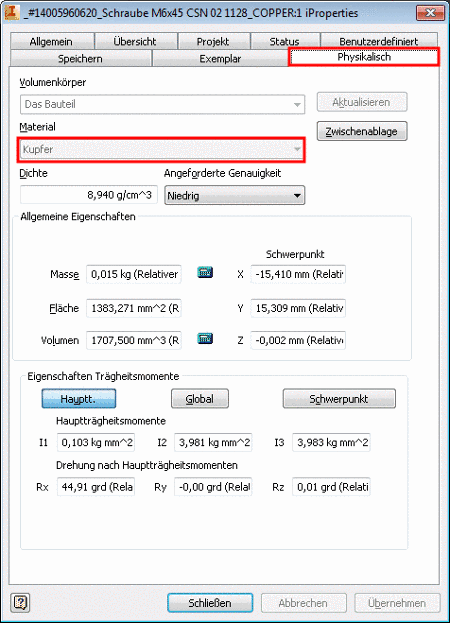 Beispiel: Das Material ist "Kupfer".